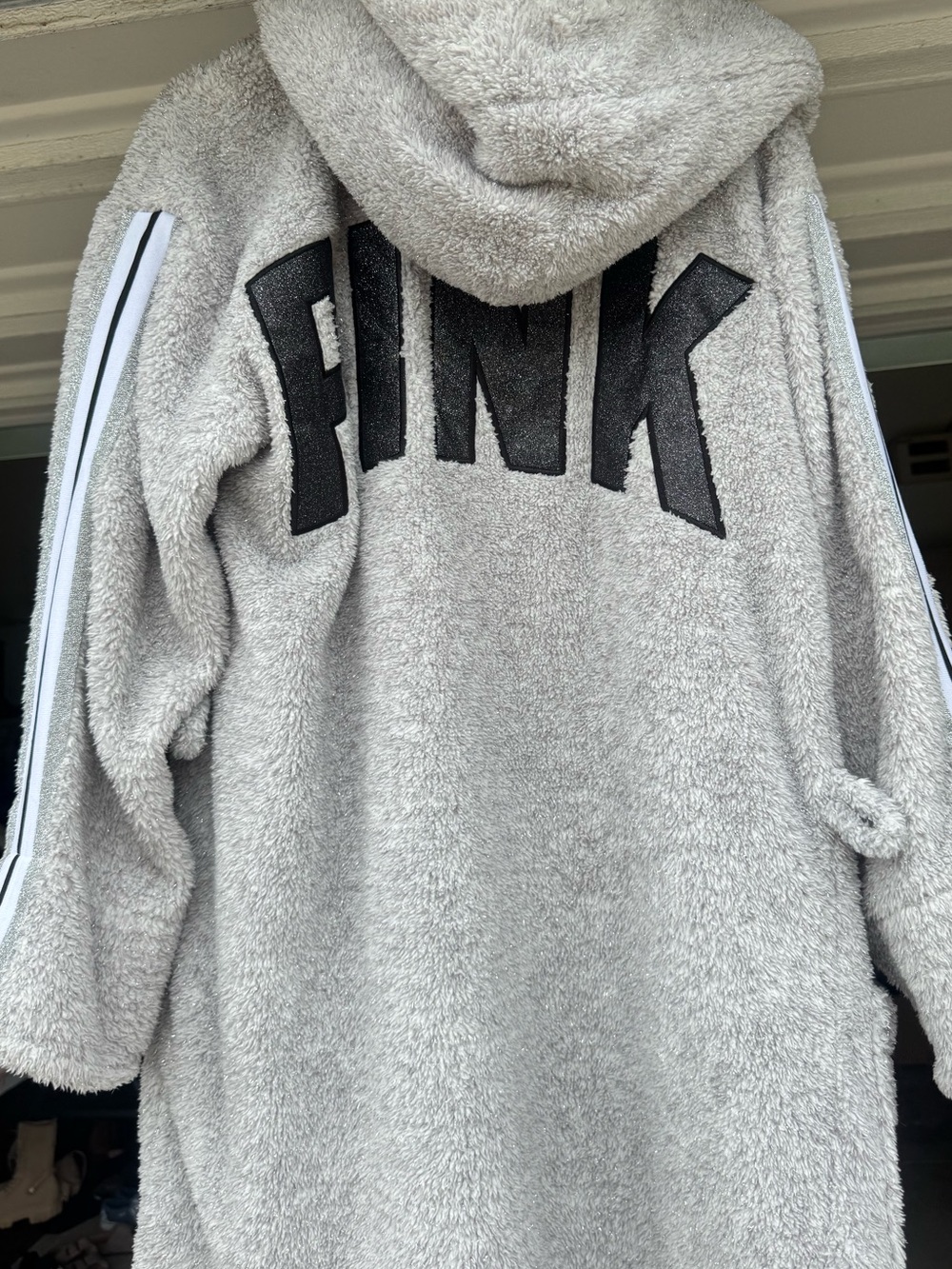Victoria's Secret PINK Gray Plush Hooded Zip-Up with Black Logo